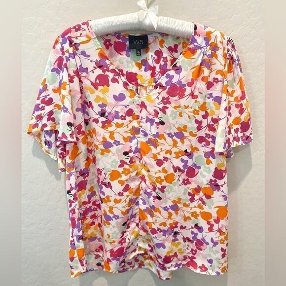 W5 | Colorful Floral Blouse Short Sleeve V-Neck Top | Size XL - Picture 1 of 7